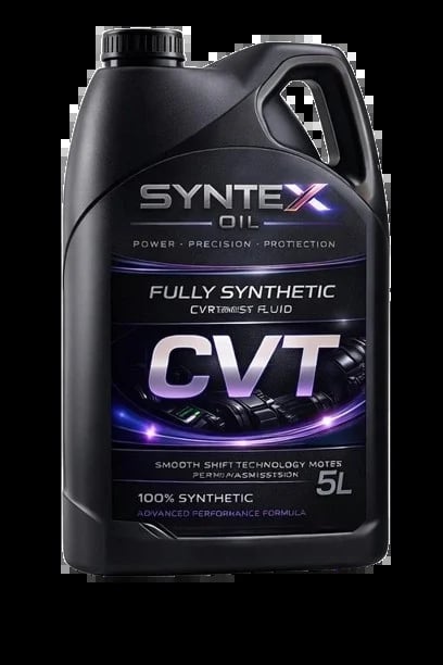 Black 5L bottle of Syntex fully synthetic CVT transmission fluid with purple accent design on dark background