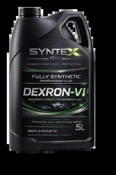 Black plastic jug of Syntex Dexron-VI fully synthetic transmission fluid, 5 liter container with label